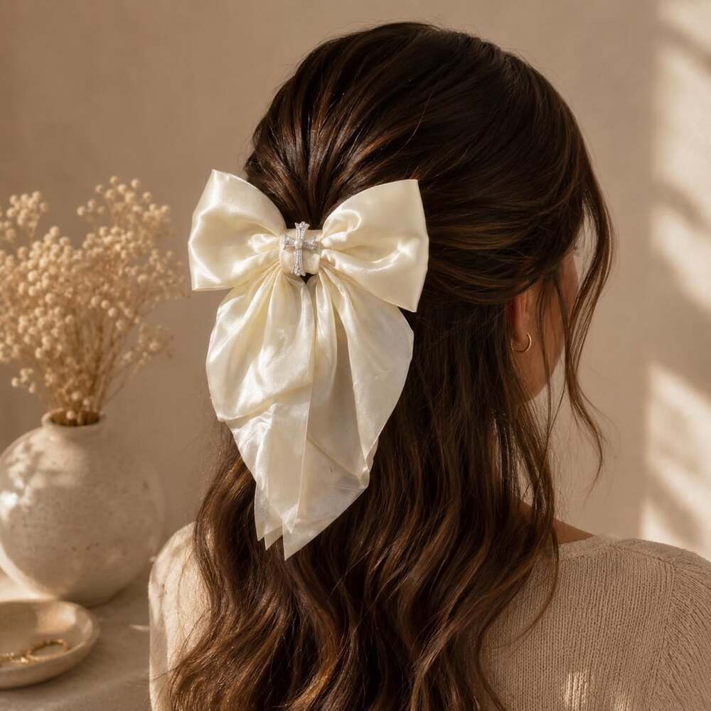 Romantic Coquette Satin Statement Bow Ivory Long Tail Hair Clip